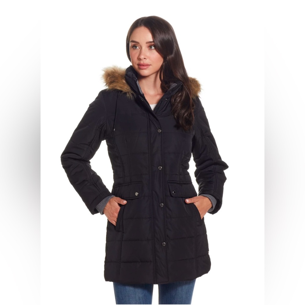 Women’s Black Quilted Coat with Faux Fur Hood, Plus Size 2X, New With Tags (332)